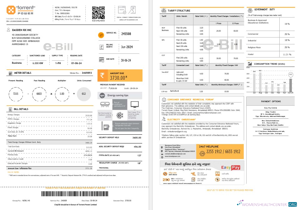 Download INDIA TORRENT POWER business utility bill Word and PDF template Photoshop template